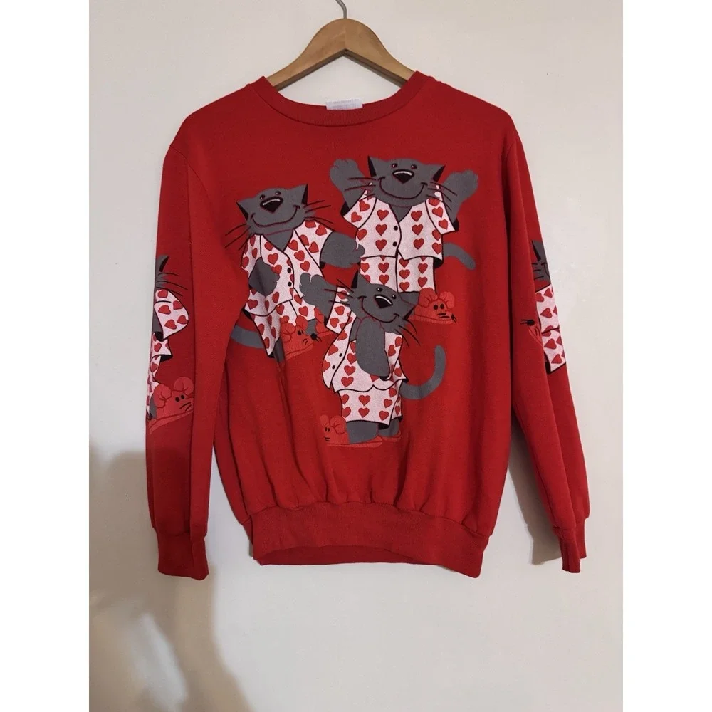 Vintage Cat And Mouse Sweatshirt Cats In Pajamas Scarab Nineties S 80s 90s Red